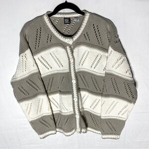 Vintage BE Basic Editions Taupe Ivory Striped Knit Button Up Cardigan Sweater S